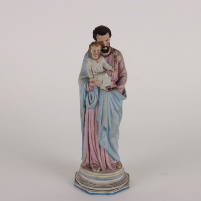 Sculpture Ancienne Saint Joseph en Coffret Porcelaine Colorée