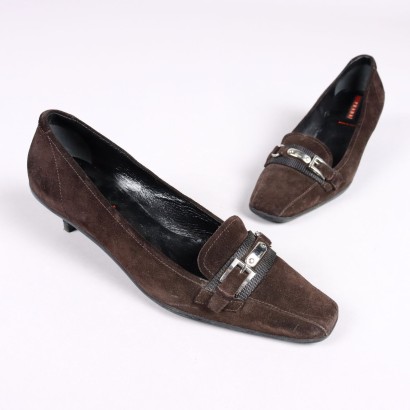 Seocnd Hand Prada Loefers Heel N.4 Dark Brown Suède Italy