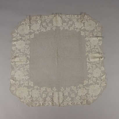 Nappe Ancienne '900 Filet Coton Blanc Ivoire Broderies Fleurs