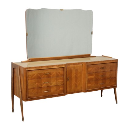 Commode Vintage Années 50-60 Plaqué en Noyer Verre Rétro-Traité