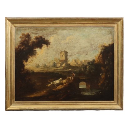 Tableau Ancien '700 Paysage avec Batîments et Figures Huile sur Toile