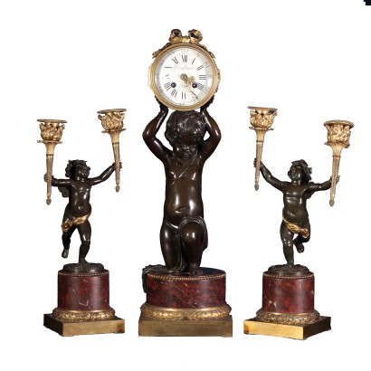 Antique Table Clock with Candlesticks Bronze France XIX Century