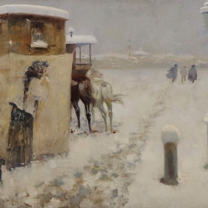 Tableau Ancien '900 Scène d'Arrestation Paysage avec Neige Huile