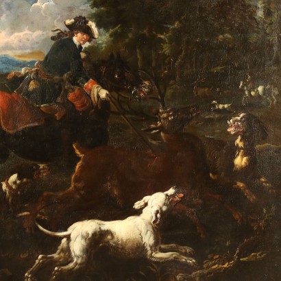 Tableau Ancien Philip Peter Roos Scène de Chasse '700 Huile sur Toile