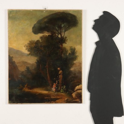 Peinture avec paysage et figure arcadiens, paysage arcadien avec figure