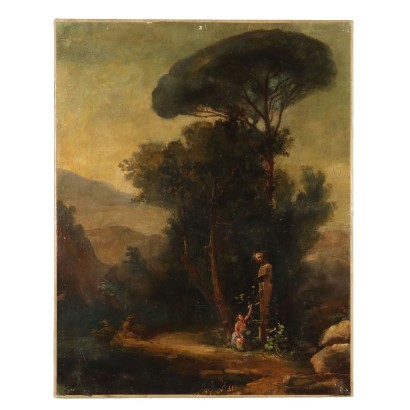 Peinture avec paysage et figure arcadiens, paysage arcadien avec figure