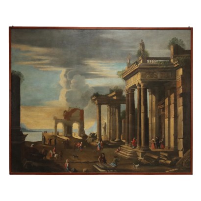 Tableau Ancien avec Architecture et Paysages Huile sur Toile '700