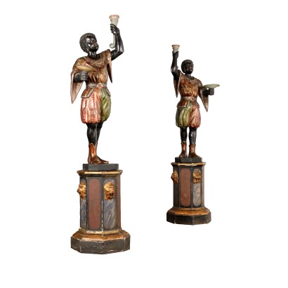 Antique Candle-Holders Painted Wood Italy XIX Century