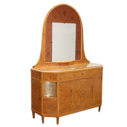 Commode Vintage avec Miroir Plaqué en Bruyère Italie Années 40-50