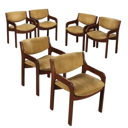 Groupe de 6 Chaises Vintage en Bois Velours Italie Années 60-70