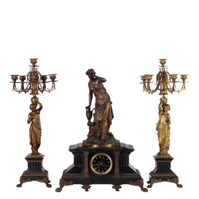 Triptych Clock in Black and Bron Marble