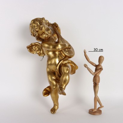 Putto Musicien en Bois Sculpté et