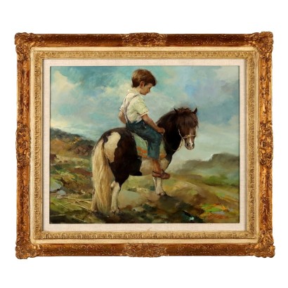 Pintura de Rialdo Guizzardi,Niño en el pony,Rialdo Guizzardi,Rialdo Guizzardi,Rialdo Guizzardi