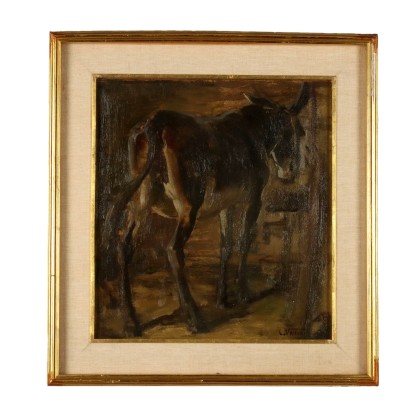 Modern Painting C. Vittori Interior of a Stable Oil on Hardboard