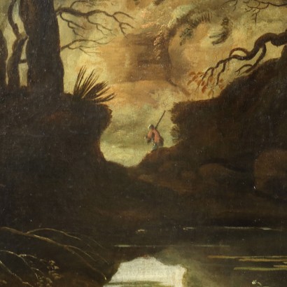 Peinture de paysage avec figure, paysage boisé avec figure