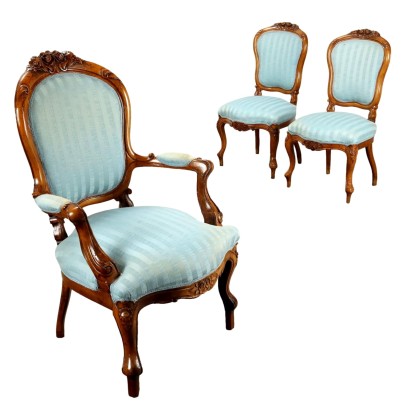Antique Armchair and Chairs Louis Philippe Walnut Padding XIX Century