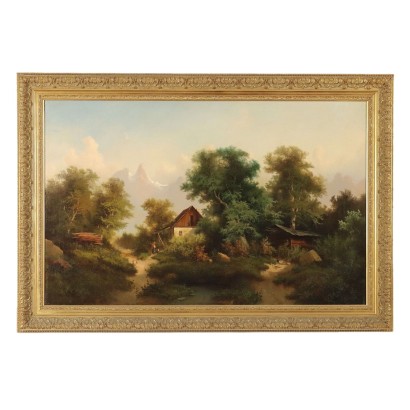 Peinture de paysage avec personnages et maisons