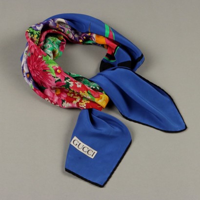 Gucci Vintage Blue Scarf with Flowers