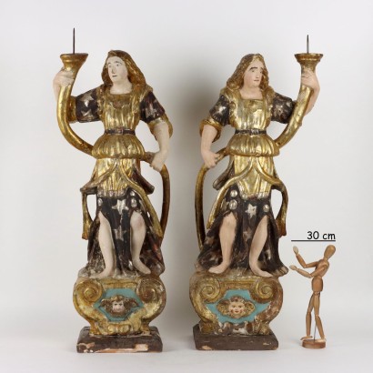 Pair of Candle Holder Angels, Pair of Wooden Candle Holder Angels