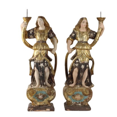 Pair of Candle Holder Angels, Pair of Wooden Candle Holder Angels