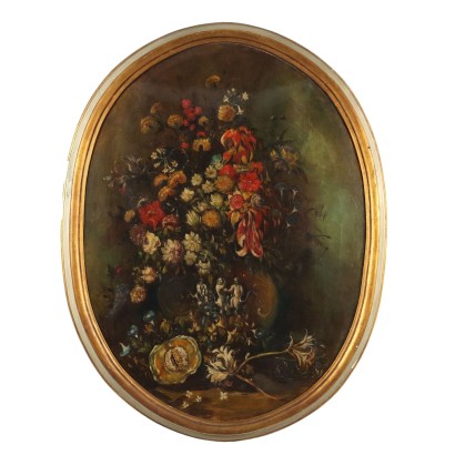 Tableau nature morte avec fleurs et citrouille