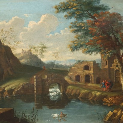 Malerei Landschaft mit Ruinen und Figuren, Landschaft mit Ruinen und Figuren