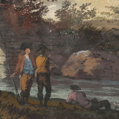 Peinture de paysage avec rivière et personnages,Paysage avec rivière et personnages,Peinture de paysage avec rivière et personnages