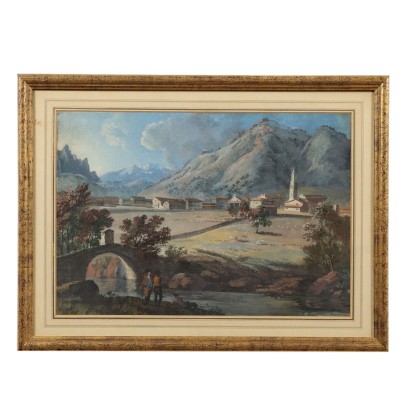 Tableau Ancien Paysage Gouache sur Carton du XIXe Siècle