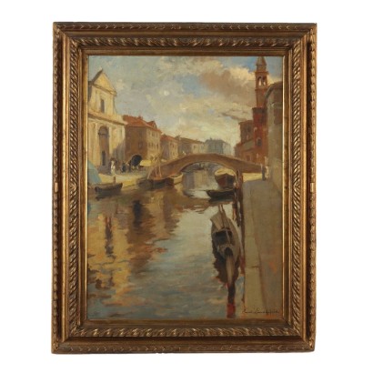 Painting by Emil Lindenfeld,Boats on the Canal,Emil Lindenfeld,Emil Lindenfeld,Emil Lindenfeld