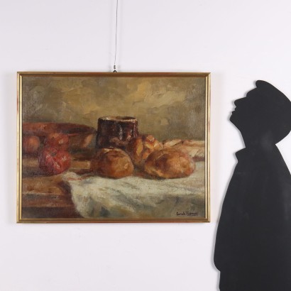 Painting by Domenico De Bernardi, Composition with bread and tomatoes, Domenico De Bernardi, Domenico De Bernardi, Domenico De Bernardi