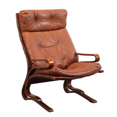 Skiline Hove Möbler Fauteuil Vintage Cuir Bois Norvège Années 80