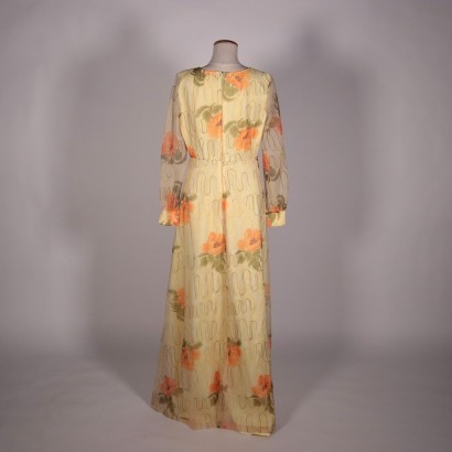 Vintage Long Dress With Poppies Organza Italy 1970s-1980s