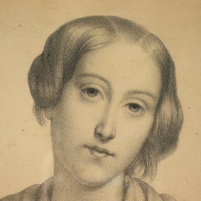 Portrait d\'une Jeune Femme Crayon sur Papier XIX Siècle