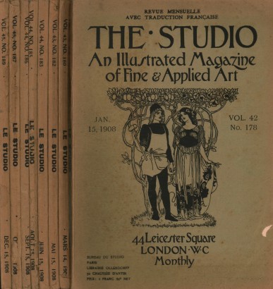 The Studio annata 1908 (8 fascicoli): vol. 42 n. 178 gennaio, vol. 43 n. 180 marzo, vol. 43 n. 182 maggio, vol. 44 n. 183 giugno, vol. 44 n. 185 agosto, vol. 44 n. 186 settembre, vol. 45 n. 187 ottobre, vol. 45 n. 189 dicembre